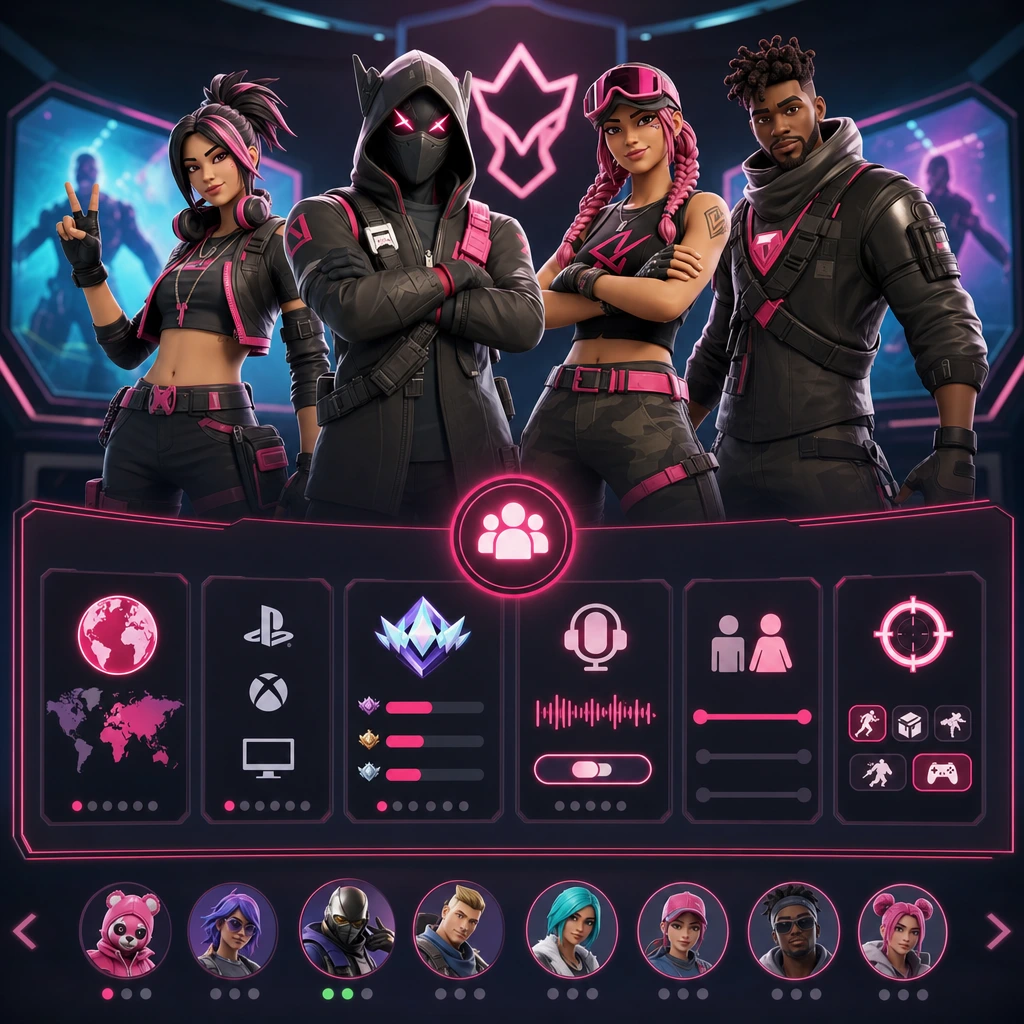 A good teammate search starts with details that affect every match. Find fortnite players using filters for region, platform, rank, mic, and playstyle
