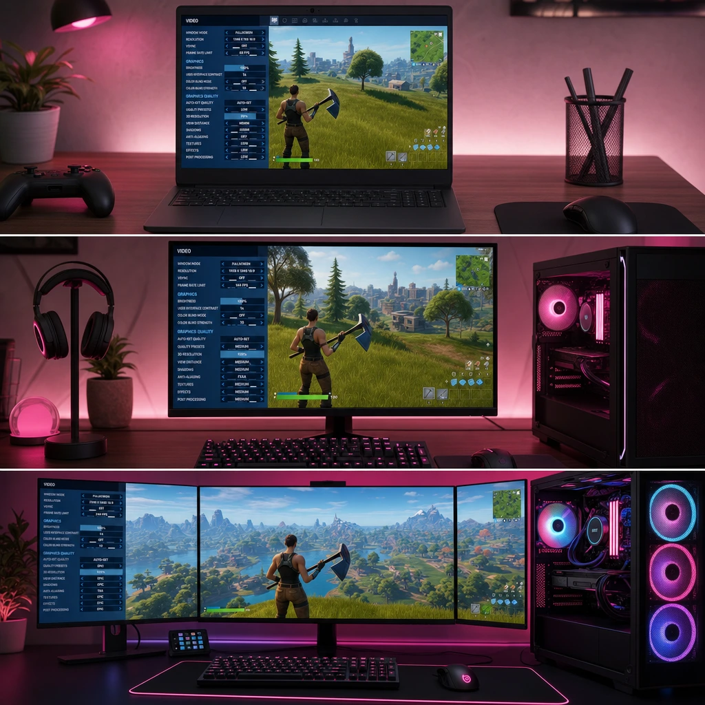 Different hardware needs different settings for stable FPS. Fortnite graphics settings for low-end laptop mid-range PC and high-end gaming setup