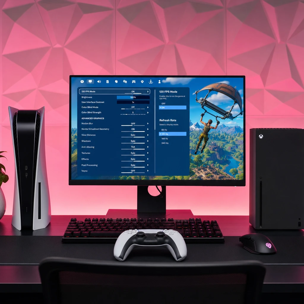 Check both Fortnite settings and your display settings. Fortnite graphics settings on console with 120 FPS mode and monitor refresh rate options