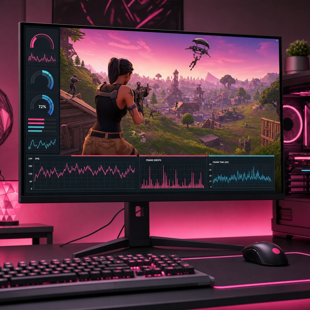 Benchmarking separates real improvements from placebo changes. Fortnite graphics settings benchmark showing FPS frame drops and stuttering checks