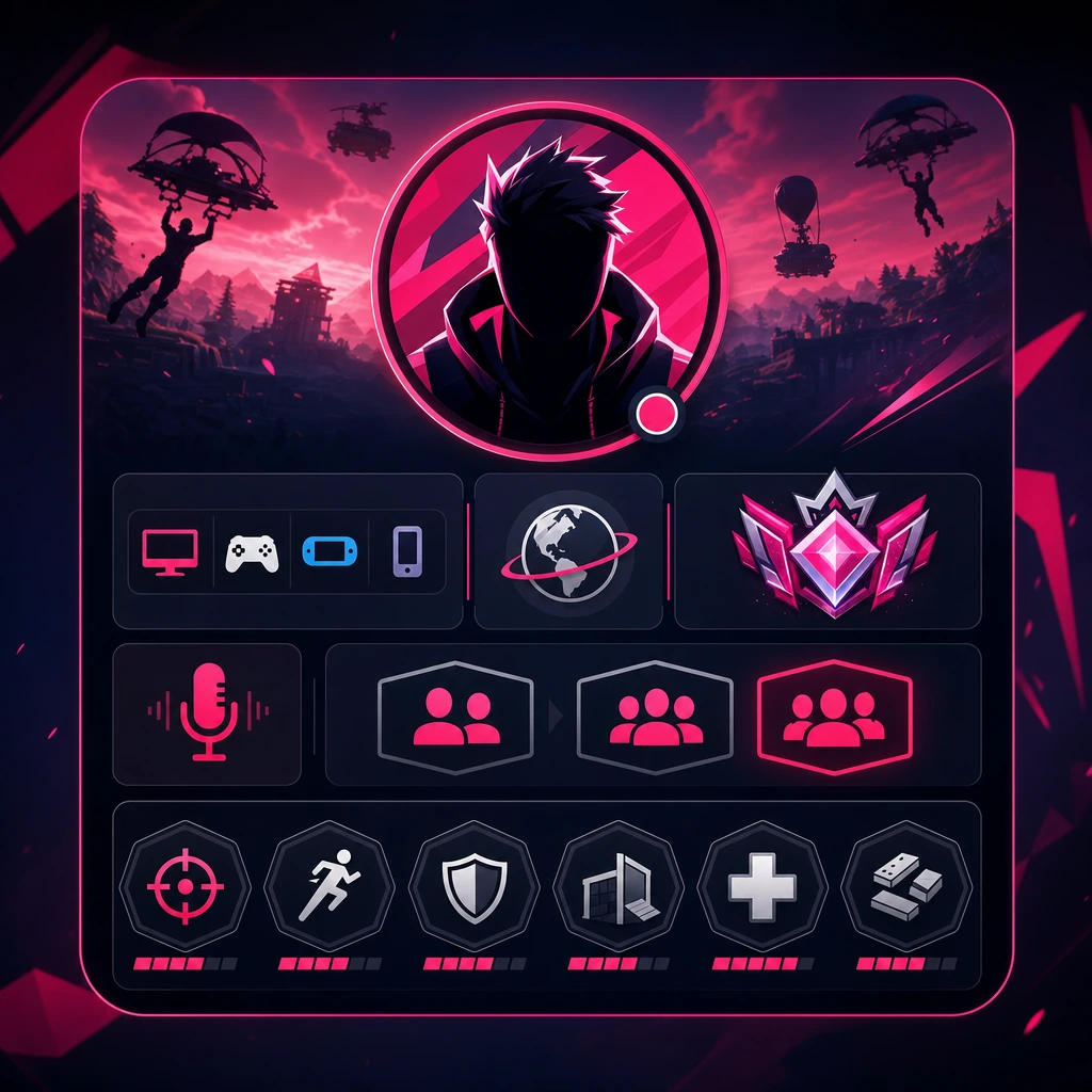 A clear profile makes matching feel less random. Fortnite squad finder profile example for players looking for a Duo partner, Trios, or Squads