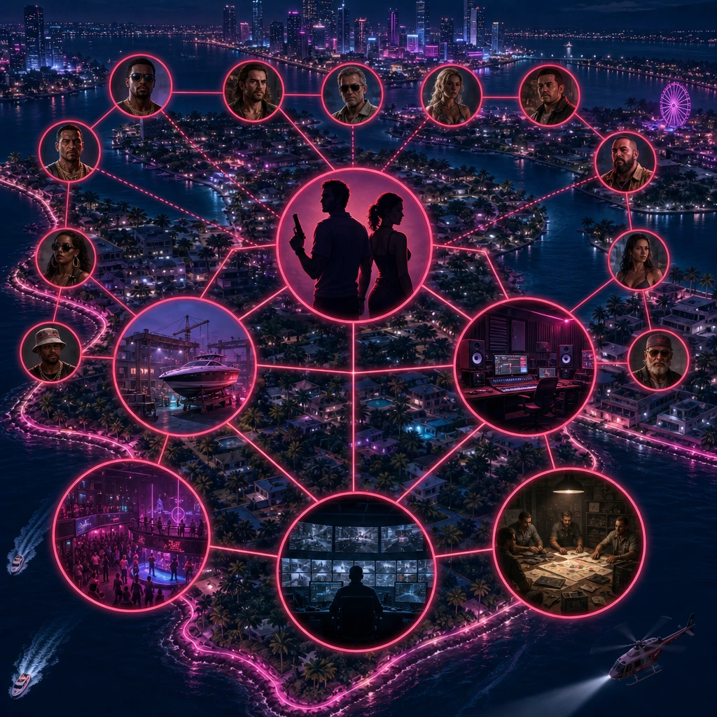 Crime, music, friendship, and business connect Leonida’s revealed cast. GTA 6 characters relationship map across Vice City and Leonida
