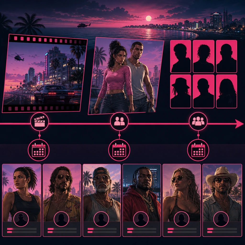 The confirmed cast expanded from one trailer to a wider network. GTA 6 characters official reveal timeline through 2026