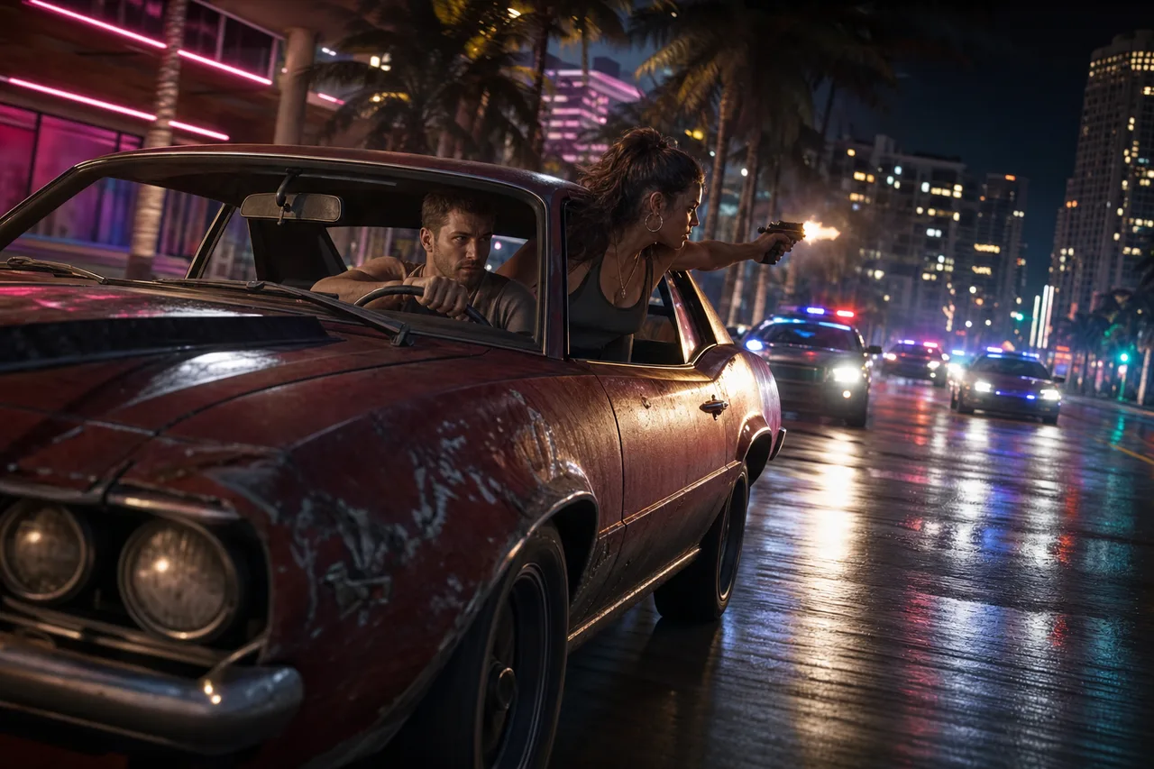 Duo actions turn a standard police chase into a shared escape. GTA 6 gameplay scene with Jason driving and Lucia shooting during a nighttime Vice City police chase