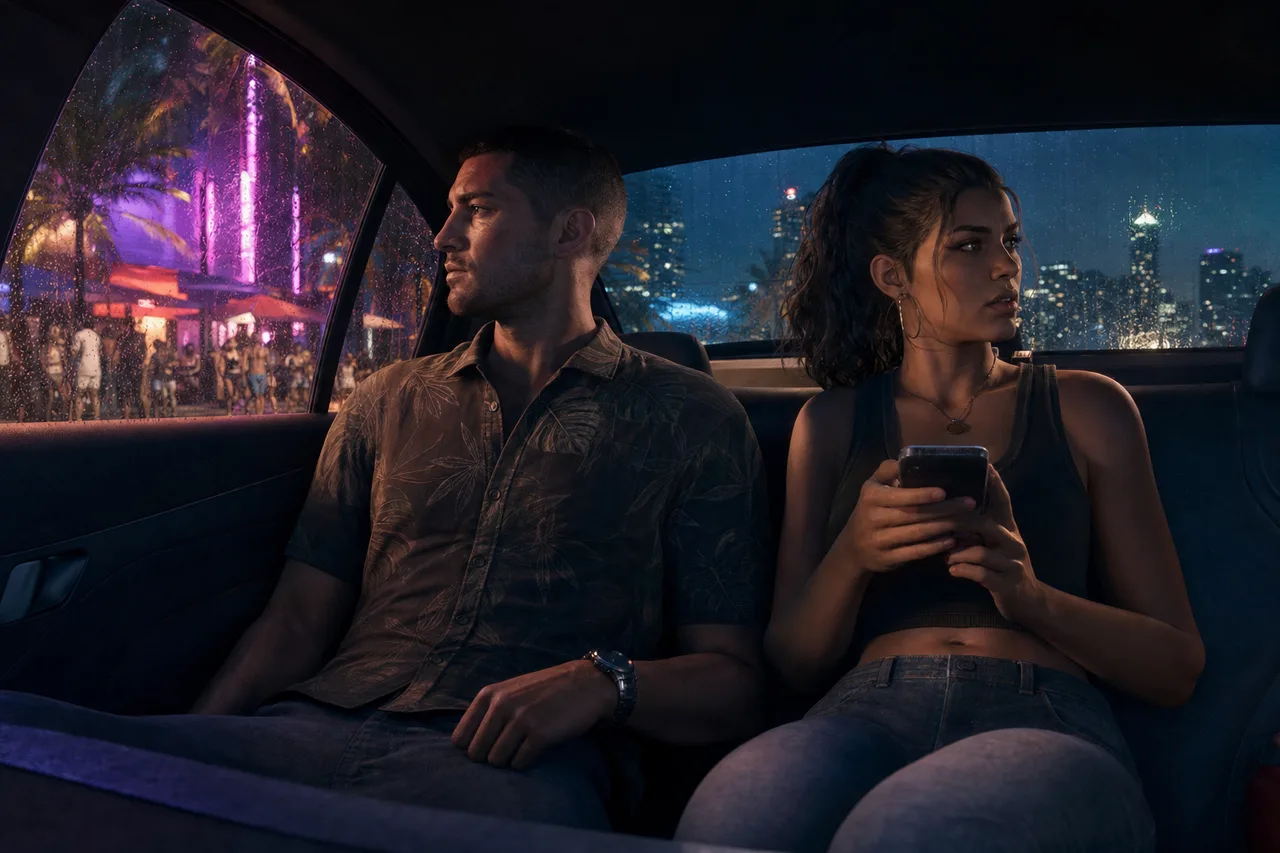 Ryde Me combines fast travel with conversations between characters. GTA 6 gameplay scene of Jason and Lucia using Ryde Me fast travel through neon-lit Vice City