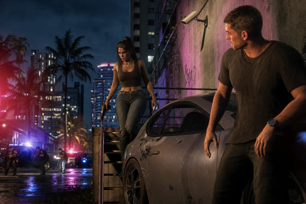 Cameras, clothing and getaway vehicles can each contribute to police identification. GTA 6 gameplay scene with Lucia and Jason escaping Vice City police under a security camera