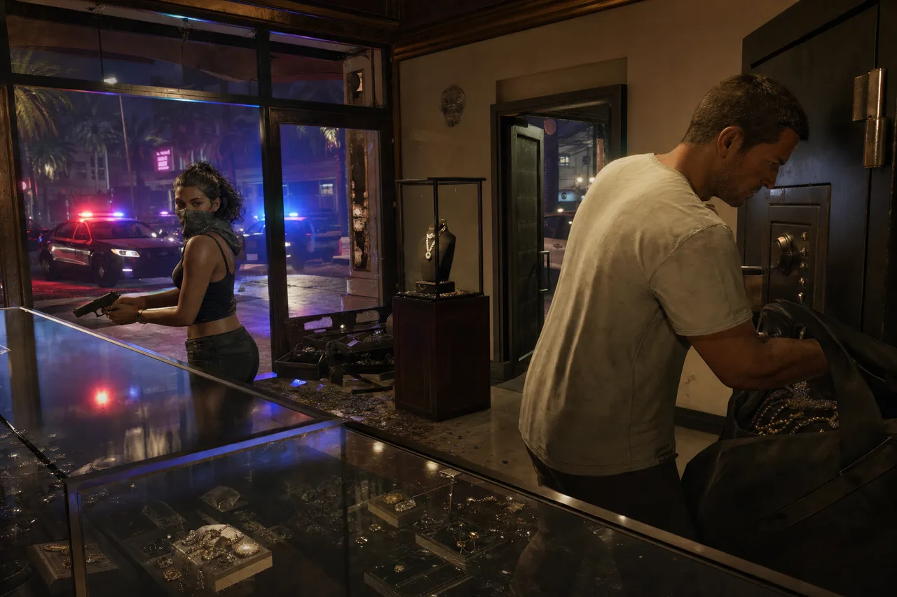 Robberies now reward planning how you enter, open the loot, and get out. GTA 6 gameplay scene with Jason and Lucia robbing a Vice City jewelry store while police lights approach