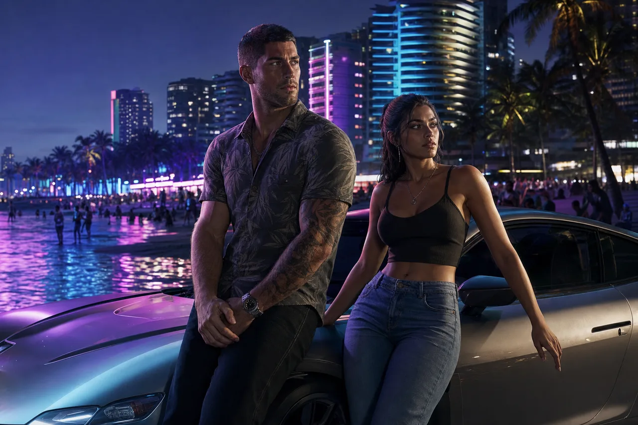 Official imagery confirms Jason, Lucia, Vice City, and Leonida, even when leaked gameplay claims remain unverified. Jason Duval and Lucia Caminos beside a car in neon-lit Vice City during the GTA 6 leaks timeline