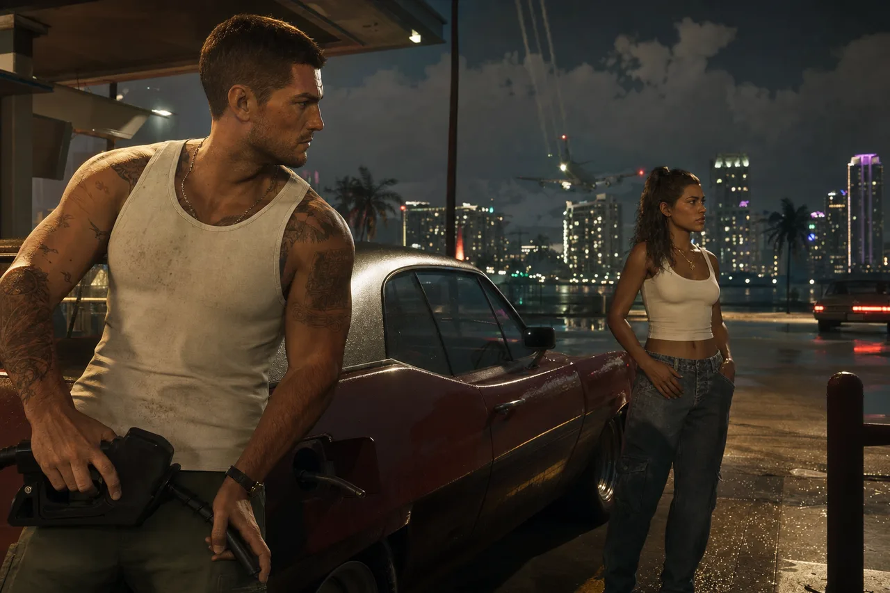 Refueling has appeared in purported footage, but Rockstar has not confirmed it as a final mechanic. Jason and Lucia at a neon Vice City gas station, visualizing details alleged in GTA 6 leaks