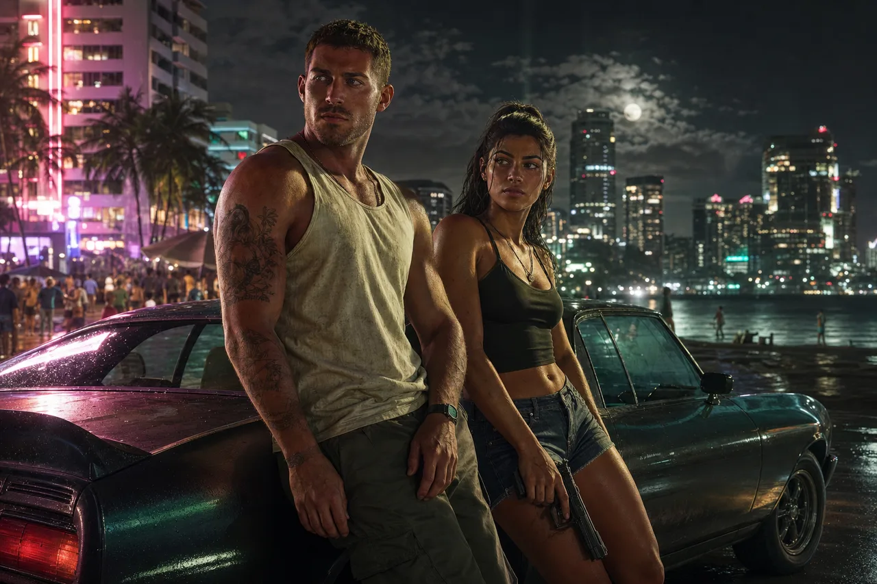 Official imagery establishes Jason, Lucia, and Leonida’s distinct locations without confirming rumored systems. GTA 6 protagonists Jason Duval and Lucia Caminos beside a car on the neon Vice City waterfront