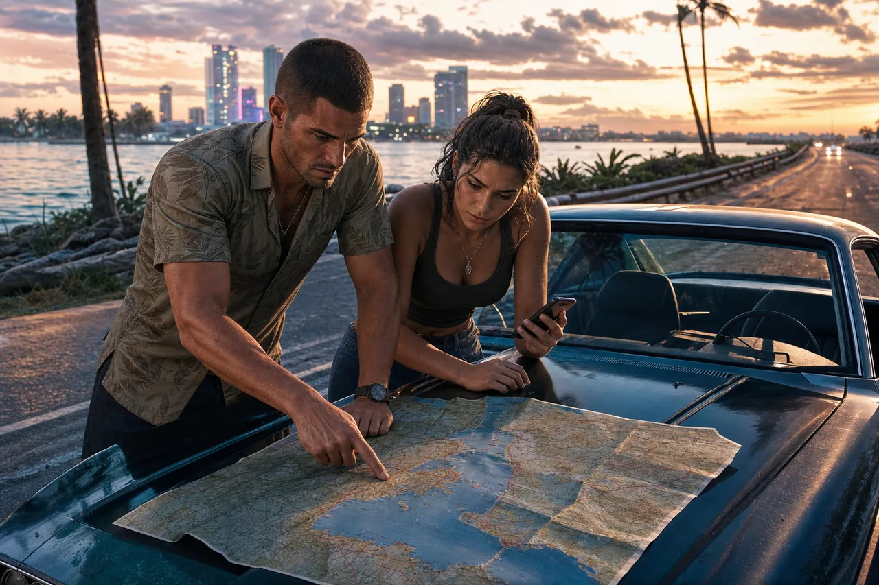 A convincing map still needs a traceable source before you treat it as real. Jason and Lucia checking a Leonida map while investigating possible GTA 6 leaks