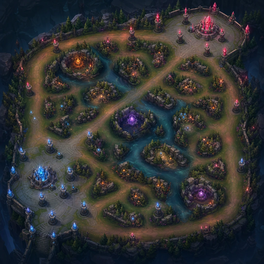 See where each role begins and which objectives shape the match. League of Legends Beginner Guide diagram showing Summoner's Rift lanes, roles, bases, and major objectives