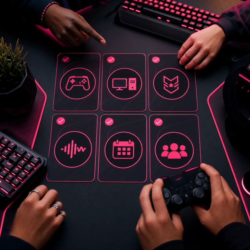 A better LFG search starts with the right filters, not random scrolling. Lfg gaming checklist showing game, platform, rank, voice chat, and playstyle filters