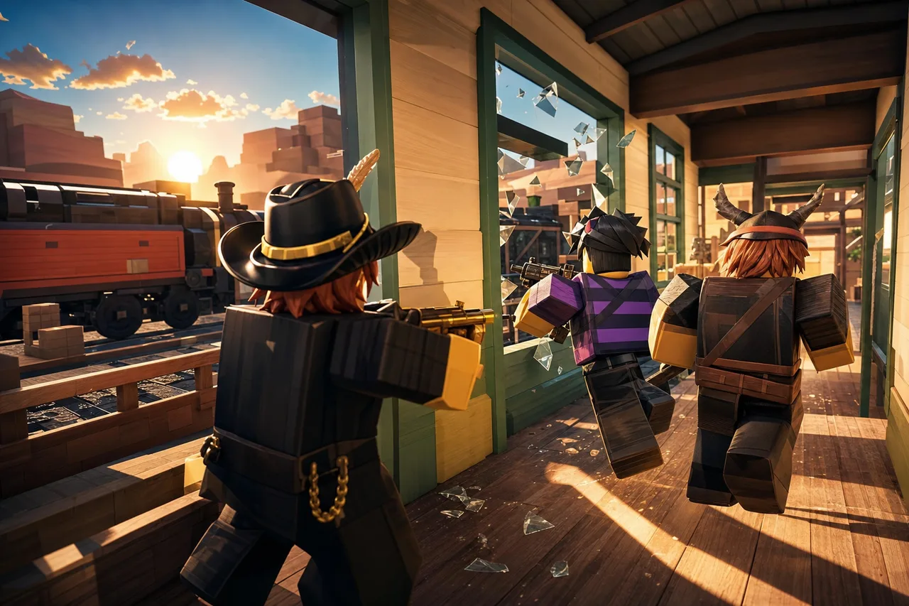 A reliable squad covers angles together instead of taking three separate fights. Roblox RIVALS LFG squad coordinating beside broken windows on the Western-themed Station map