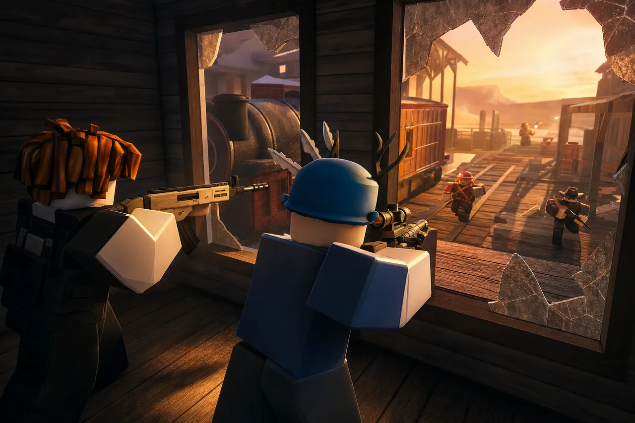 A reliable teammate covers the other angle instead of chasing every elimination. Roblox RIVALS LFG duo holding coordinated angles together on the Western-themed Station map